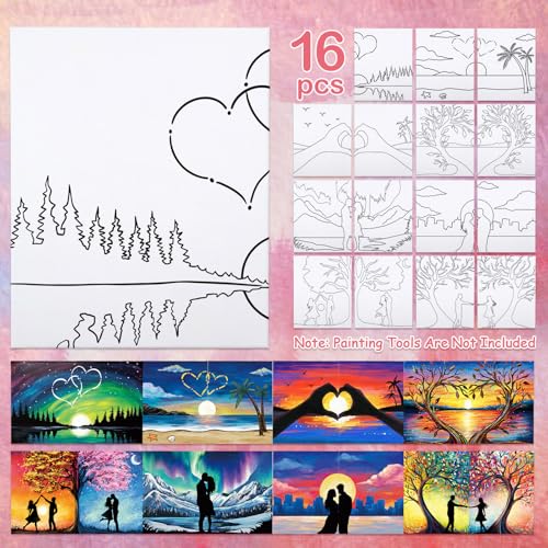 16 Pcs Pre Drawn Canvas for Painting for Adults Sip and Paint Kit Pre Printed Canvas to Paint DIY Art Party Supplies Couples Date Night (Romantic Encounter, 8x10 in) - size: 8x10 in, style: Romantic Encounter