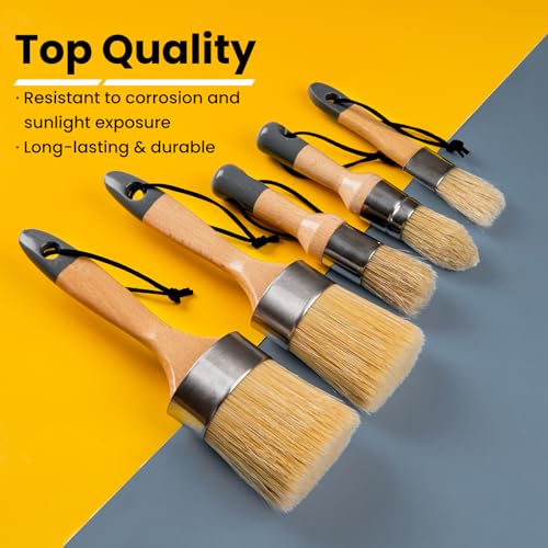 Chalk Paint Brush, Wax Paint Brush Set of 5, Wax Brushes and Chalk Paint for Furniture DIY Art Crafts, Natural Bristle Round Oval Brush for All Painting and Waxing - size: 1 Large + 1 Medium + 3 Small, 5 Pack