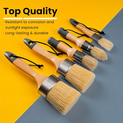 Chalk Paint Brush, Wax Paint Brush Set of 5, Wax Brushes and Chalk Paint for Furniture DIY Art Crafts, Natural Bristle Round Oval Brush for All Painting and Waxing - size: 1 Large + 1 Medium + 3 Small, 5 Pack