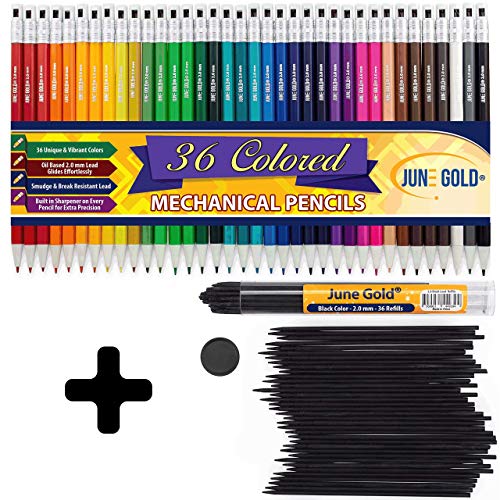 June Gold 36 Black Lead Refills and 36 Assorted Colored 2.0 mm Mechanical Pencils in 36 Unique Colors