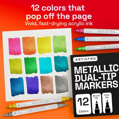 ARTISTRO 12 Metallic Acrylic Paint Markers - Paint Pens for Drawing - For Fabric, Rock, Glass, Wood, Molds - Arts & Crafts Gift for Adults, Teens, Kids, Classroom Must Haves & School Supplies