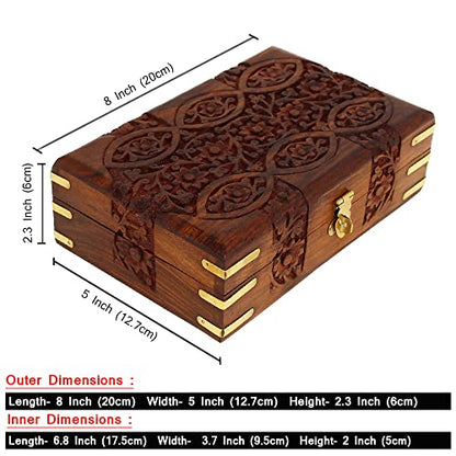 Ajuny Handcarved Treasure Chest Wooden Decorative Jewelry Storage Box Eye Floral Design Multipupose Small Memory Keepsake Box Pretty Gift Box Wood Trinket Boxes - 8X5 Inch