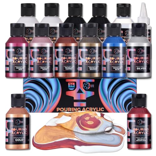 OPHIR Metallic Pouring Paint Set, Pre-Mixed Paint Pouring Supplies, Ready to Pour Metallic Acrylic Paint for Canvas, Paper, Rocks, Wood, Glass, Includes 10 Colors, Pouring Medium & Acrylic Glossy Gel - color: 6 Metallic & 2 Black & 2 White Colors Set+1 Po