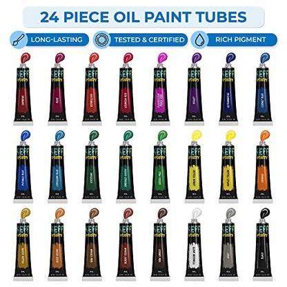 KEFF Oil Paint Set for Adults and Kids - Art Supplies Painting Kits with 24 Oil Paints, Stretched Canvas, Art Easel, Brushes, Palette, Knives and Paper Pad