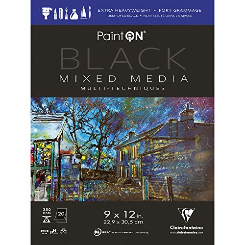 Clairefontaine - Ref 975491C - Paint'ON Mixed Media Black Glued Pad (20 Detachable Sheets) - 22.29 x 30.5cm (9 x 12in), 250gsm Heavyweight Paper (USA Version) - color: Black, size: 9 x 12 IN