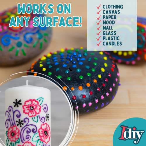 24-Color 3D Fabric Paint Set for Clothes, Canvas & Glass - Permanent Puffy Paint (1oz Bottles) with Neon, Metallic, Glitter & Glow in The Dark Colors - Includes 3 Brushes & 5 Stencils, Non-Toxic