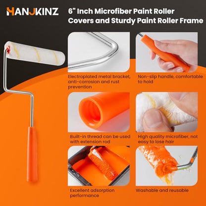 9 Pcs 6 Inch Small Paint Roller Kit with Microfiber Paint Roller Covers, Paint Tray with Liner, Mini Paint Roller for Painting Wall, Door, Cabinet - size: 9 Pcs 6 Inch Small Paint Roller Kit