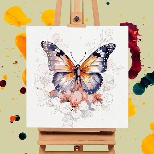 Framed Paint by Numbers Kit for Adults Beginners & Kids Ages 8-12, Butterfly Flowers Acrylic Easy Paint by Number with Frame, Paint by Number Kits on Canvas Framed (10 * 10 Inch, without Easel) - color: BOP1PF05, size: 10 x 10 Inch