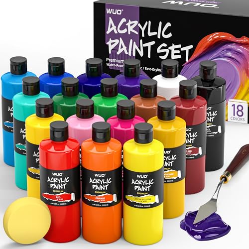 WUO 18 Colors Acrylic Paint Set, 250ml/8.45oz Bottles Acrylic Paint, Professional Large Bulk Rich Pigment, Non-Toxic Multi-Surface Art Supplies for Artists Beginners Adults on Canvas Wood Rock Crafts - color: 18 Colors