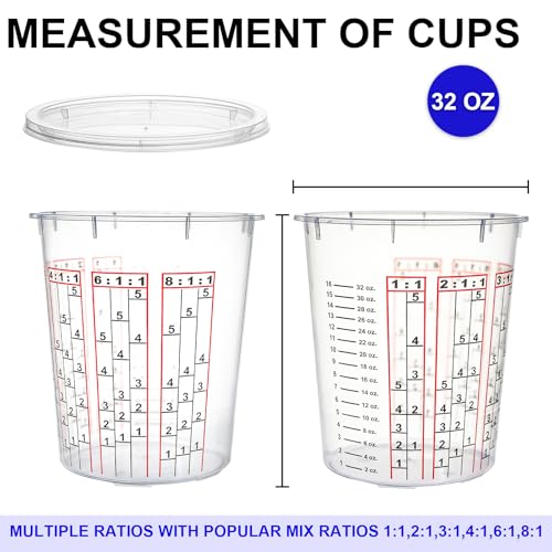 Yesland 30 Pack Paint Mix Cups with Lids, 32 Ounce Plastic Paint and Epoxy Mixing Cups with Calibrated Mixing Ratios on Side of Cup, for Paint, Activators, and Thinner