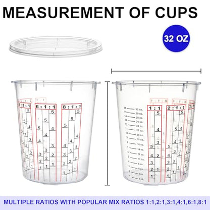 Yesland 30 Pack Paint Mix Cups with Lids, 32 Ounce Plastic Paint and Epoxy Mixing Cups with Calibrated Mixing Ratios on Side of Cup, for Paint, Activators, and Thinner