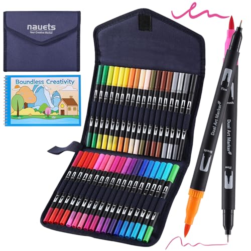 nauets 36 Colors Watercolor Markers with Coloring Book Set Brush & Fine Dual Tip No Bleeding Professional Paint Pens For Drawing Note taking Planner Calligraphy Journaling Card Making Art Supplies - style: 36 Color Markers + Coloring Book