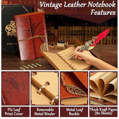 GrnVibe Feather Quill Pen and Ink Set,Antique Calligraphy Set with Leather Journal Notebook,Feather Pen,5 Gold Nibs,Pen Holder,Ink,Calligraphy Kits for Beginners Christmas Gift - color: Red