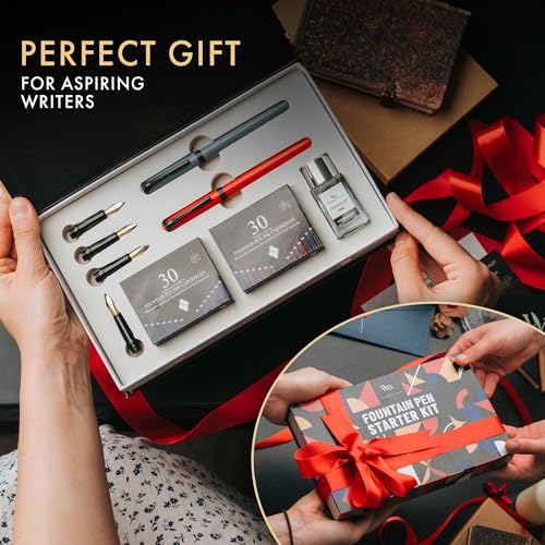 Wordsworth and Black Fountain Pen Set - Grey - Includes 2 Pens, 18 ML Ink Bottle, 60 Ink Cartridges, A Refill Converter, 1 Medium and 4 Broad Nibs, Brush Pen - Fountain Pen Kit for Beginners - color: Red and Grey