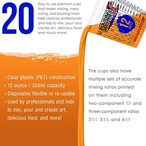 Pouring Masters 12 Ounce (350ml) Graduated Plastic Mixing Cups (Box of 20) - Paint Mixing Cups for Epoxy Resin, Art, Kitchen, Baking - Measurements in OZ and ML, 4 Different Measuring Ratios 1:1 - size: 12-Ounce - Cup