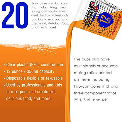 Pouring Masters 12 Ounce (350ml) Graduated Plastic Mixing Cups (Box of 20) - Paint Mixing Cups for Epoxy Resin, Art, Kitchen, Baking - Measurements in OZ and ML, 4 Different Measuring Ratios 1:1 - size: 12-Ounce - Cup