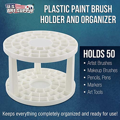 U.S. Art Supply Plastic Artist Round 50 Hole Paint Brush Holder and Organizer - Rack Holds Paintbrushes, Makeup Cosmetic Brushes, Pencils, Pens, Markers, Art Tools, Desk Stand - Students, Teachers - size: 50 Hole