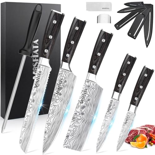MOSFiATA 5 PCS Chef Knife Set, Kitchen Knife Set with Sharpener Rod | German High Carbon Stainless Steel ， 5PCS Blade Guard，Gift Box - style: 5pcs knife set