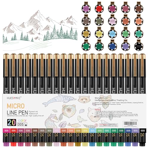 005 Micro Pen 20 Colors 0.20mm FineLiner Pens for Art Waterproof Ink Fine Tip Illustration Sketching, Anime Bullet Journal and Technical Drawing - color: 20count（color）