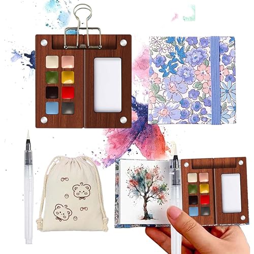 Mini Travel Watercolor Paint Set - Wooden Palette Box with 8 Colors Watercolor Paint, 300GSM Watercolor Notebook, Water Brush Pen & Clip, Pocket Watercolor Kit Mini Paint Set for Adults Artists Students Beginners