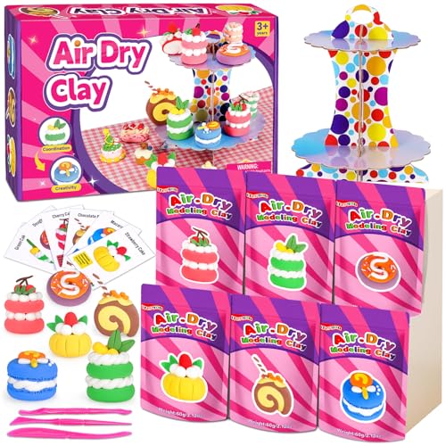 ifergoo Air Dry Clay Kit for Kids - Cakes Modeling Clay, Includes 6 Dessert Designs and Display Stand, DIY Art & Crafts School Projects, Home Party Kids Toys, Holidays Gifts for Age 3-12 Girls & Boys - color: Cakes Kit