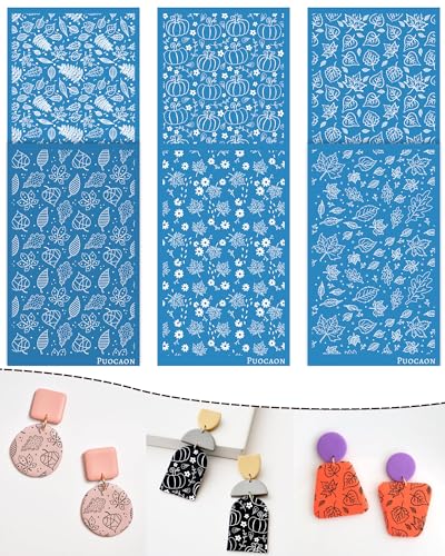 Puocaon Fall Clay Silk Screen - 6 Pcs Silk Screen Stencils for Polymer Clay Earrings Jewelry Making Pine Tree Autumn Leaves - color: leaf & pumpkin