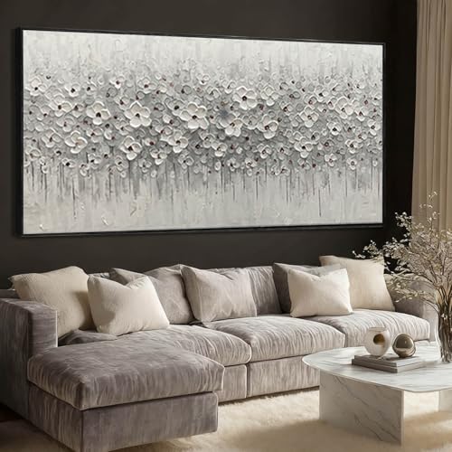 SDYA Large Floral Wall Art, 32"x70"Hand Painted White Flower Canvas Painting With Frame,Modern Minimalist Abstract Artwork for Living Room Bedroom Hallway Home Decor - color: White, size: 70"L x 32"W