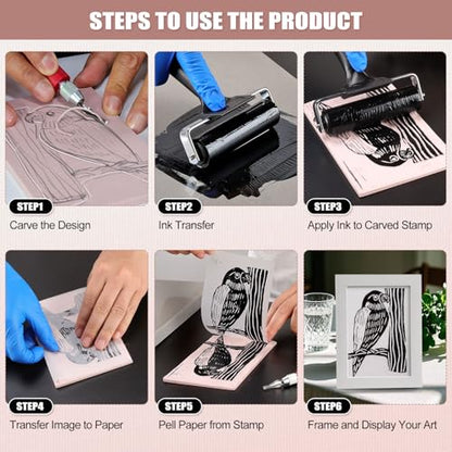 Bobblebro Linocut Kit for Printmaking with 5PCS 4"x6" Soft Rubber Linoleum Blocks, Brayer & Carving Tools – Block Printing & Stamp Making Supplies for Beginners & Artists
