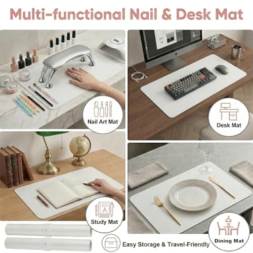2 PCS Nail Art Table Mat, Soft Microfiber PU Leather Nail Pad, Foldable Nail Art Rest Pad, Reusable Nail Mat for Table Desk, Acrylic Nail Desk Mat for Nail Cushion (White and White) - color: White and White