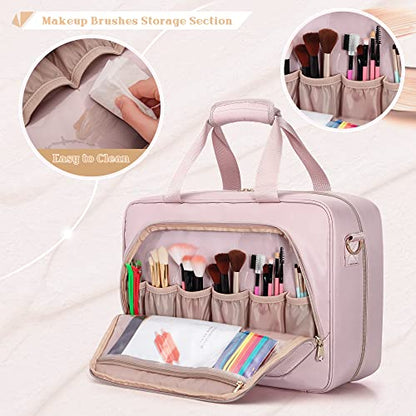 Professional Makeup Artist Travel Case with 4 Detachable Cosmetic Bags, Large Make up Organizer Bag with Makeup Kit Storage Section and Hair Tools Pocket, Pink (Empty Bag Only) - color: Pink