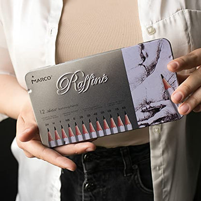 Graphite Pencils Kit Marco Raffine Sketch - Set of 12 Ebony Drawing Supplies 2H, H, F, HB, B, 2B, 3B, 4B, 5B, 6B, 7B, 8B In Tin Box. Perfect for Sketching, Shading. Suitable for School, Artists.