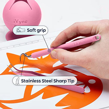 iVyne (8pcs) Premium Vinyl Weeding Tool Kit & Weeding Scrap Collector Soft Grip Tools with Berry, Weeder, Tweezers, Picker Or Hook, and Scraper Set for Silhouette Cameos & HTV- Pink - color: Silicone Tools & Berry Pink
