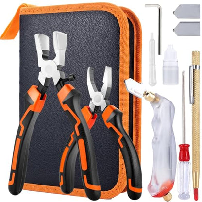 Glass Cutting Tool Kit with 8" Running Pliers with Curved Jaws, 6" Breaker Pliers, Glass Cutter 2-20mm, Replacement Blades, Screwdriver, Storage Bag for Stained Glass, Tiles, Mosaic - color: 10 PCS