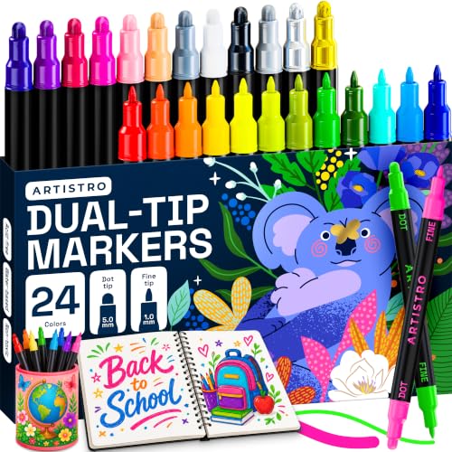 ARTISTRO 24 Precision Dual-Tip Acrylic Paint Markers – Paint Pens Set with Dot & Fine Tips for Fabric, Rock, Glass, Wood, Coloring Books – Arts & Crafts Gift – Classroom Must Haves & School Supplies - style: Multicolor