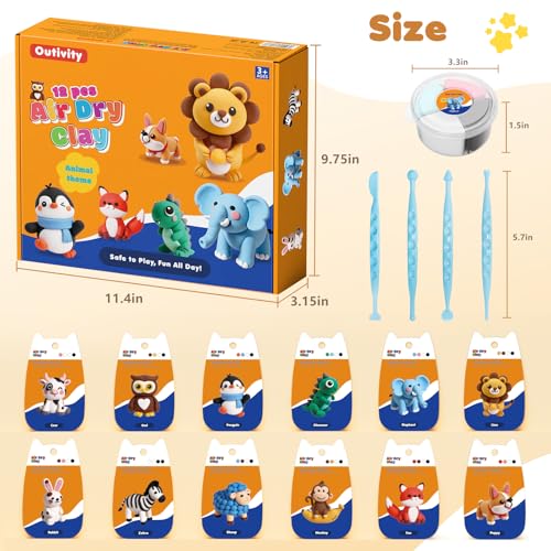 Air Dry Clay Kit for Kids, 12 Animal Crafts Modeling Clay Model Magic, Clay Kits with Sculpting Tools & Tutorials, Safe & Non-Stick DIY Art Crafts, Toys Gift for Ages 3-12 Boys & Girls - color: Clay animals Kit