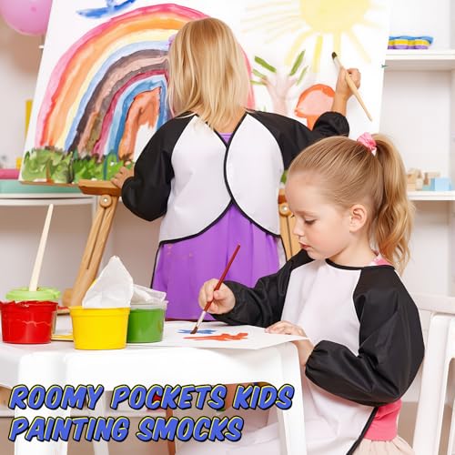 Yahenda Kids Art Smocks Toddlers Painting Apron Waterproof Artist Smock for Children with Long Sleeve 3 Pockets for 2-8 Years - color: Black, White
