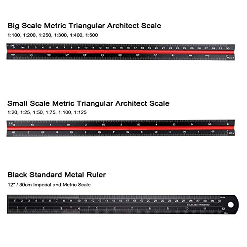 OwnMy 3 Pack 30CM Solid Aluminum Triangular Architect Scale Ruler Set, 3-Colors-Groove Architectural and Engineer Scale Metal Ruler Set, Clear Scale Metal Drafting Rulers for Civil Engineer Blueprint - style: Metric Scale