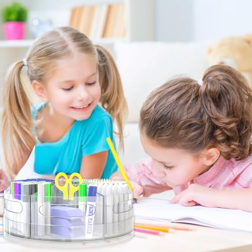 Acrylic Marker Organizer, 360 Degree Rotating Pencil Organizer with 7 Removable Compartments, Clear Crayon Organizers for Kids, Large Pencil Holder Desk for Office Home School
