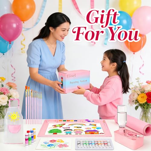 Elisel Painting Station,5 IN 1 Art Paint Supplies Kits,Paint Brush Cleaner (Upgraded),Silicone Painting Mat 12 Colors Paint Set,10 Paint Brushes,Painting Apron for Kids Artist Beginners (Pink, 5) - color: Pink