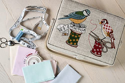Hobby Gift Medium Sewing Box Organiser, Fabric Covered Storage Box with Handle, Internal Tray, Pin Cushion and Pocket for Sewing, Quilting and Knitting Supplies - color: Birds on Bobbin