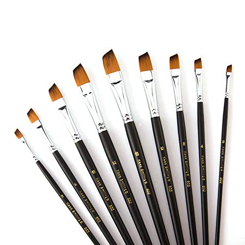 9 Pcs Angular Long Handle Artist Paint Brush Set, Quality Synthetic Hair and Wooden Handle for Acrylic Watercolor Oil Painting, Great for Beginners and Professionals - size: Angular (Long Handle)