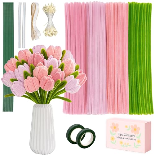 Upgraded 2026 Pipe Cleaners Craft Kit: 400-Piece DIY Flower Making Supplies with Exclusive Color Palette | Includes Chenille Stems, Floral Wire, Gardening Tape, Stamen & Ribbon for Kids Arts & Crafts - color: pink