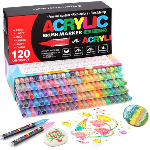 120 Colors Soft Brush Tip Acrylic Markers Set, Paint Pens for Rock, Wood, Fabric, Canvas, Glass, DIY Crafts, Waterproof Paint Markers, Vibrant Acrylic Pens for Artists and Art Projects - style: 120 colors
