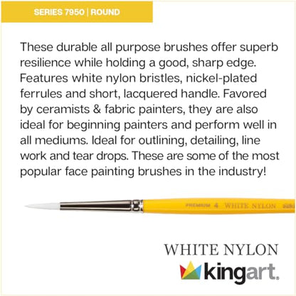 KINGART Premium White Nylon 7950-1 Gold Grip Round Artist Brushes, Synthetic Nylon Hair, Acrylic & All Media, Face Painting, Body Art, Fabric, Ceramics, Glass, Wood etc. Size 1 - size: 1