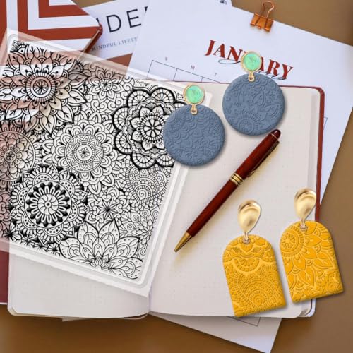 CHGCRAFT Polymer Clay Texture Sheets Mandala Pattern Clear Clay Silicone Texture Mat Flower Design for Making Earrings Jewelry, 5.5x5.5 Inch