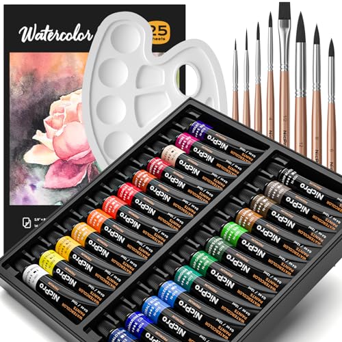 Nicpro Watercolor Paint Set for Adults, Beginner & Artists, 24 Colors Watercolor Tube Set (12ml,0.4oz) with 25 Watercolor Paper Book, 8 Squirrel Paint Brushes, Palettes, Water Color Painting Supplies - color: 24 Colors- 34 Pieces
