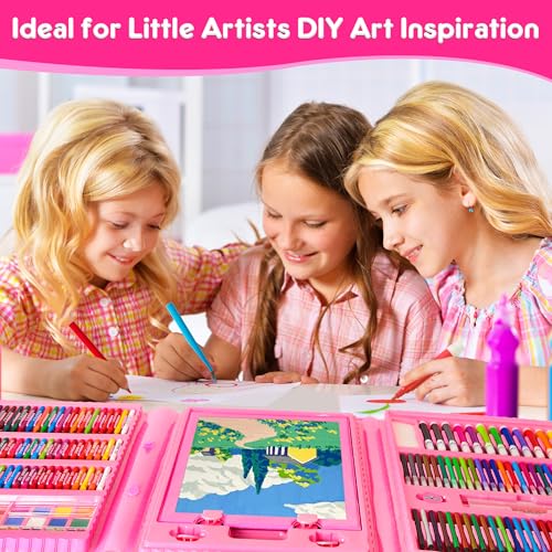 Art Supplies 332 Piece Drawing Art Kit Gifts for Girls Boys Kids Teens Gifts Art Set Case with Double Sided Trifold Easel, Stickers, Sketch Paper, Coloring Book, Pastels, Crayons, Pencils (Pink) - color: Pink