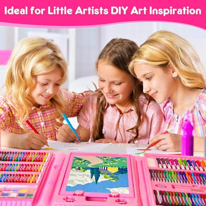 Art Supplies 332 Piece Drawing Art Kit Gifts for Girls Boys Kids Teens Gifts Art Set Case with Double Sided Trifold Easel, Stickers, Sketch Paper, Coloring Book, Pastels, Crayons, Pencils (Pink) - color: Pink