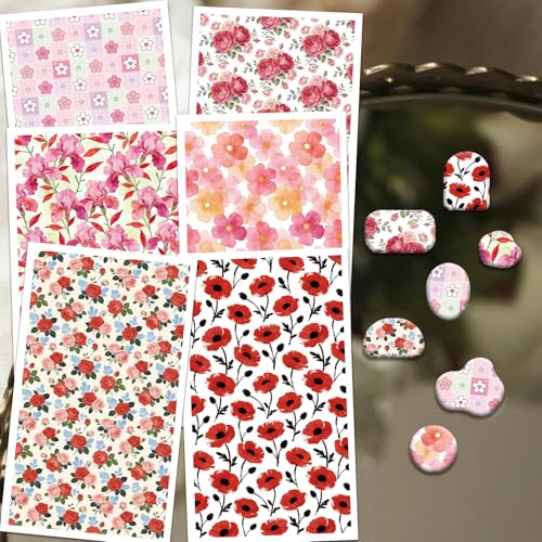 OLYCRAFT 24Pcs Pink Red Flower Clay Transfer Paper 6 Styles Transfer Paper for Polymer Roses Poppies Polymer Clay Transfer Sheets Lily Transfer Paper for Clay Earrings Jewelry Making - style: Pink flower
