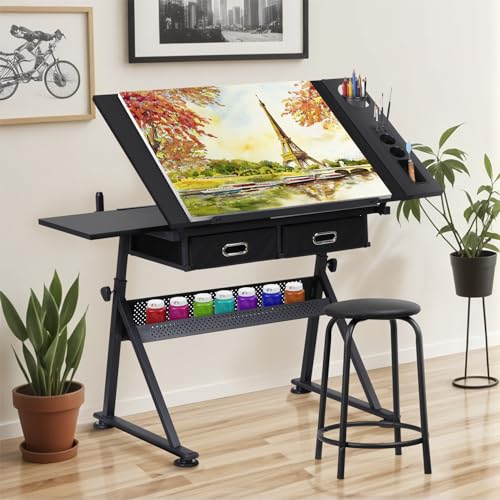 ZENY Adjustable Drafting Table with Stool, Tilting Drawing Desk Artist Table with Storage Drawers, Art Craft Workstation for Home Office Reading, Writing, Crafting - color: Black
